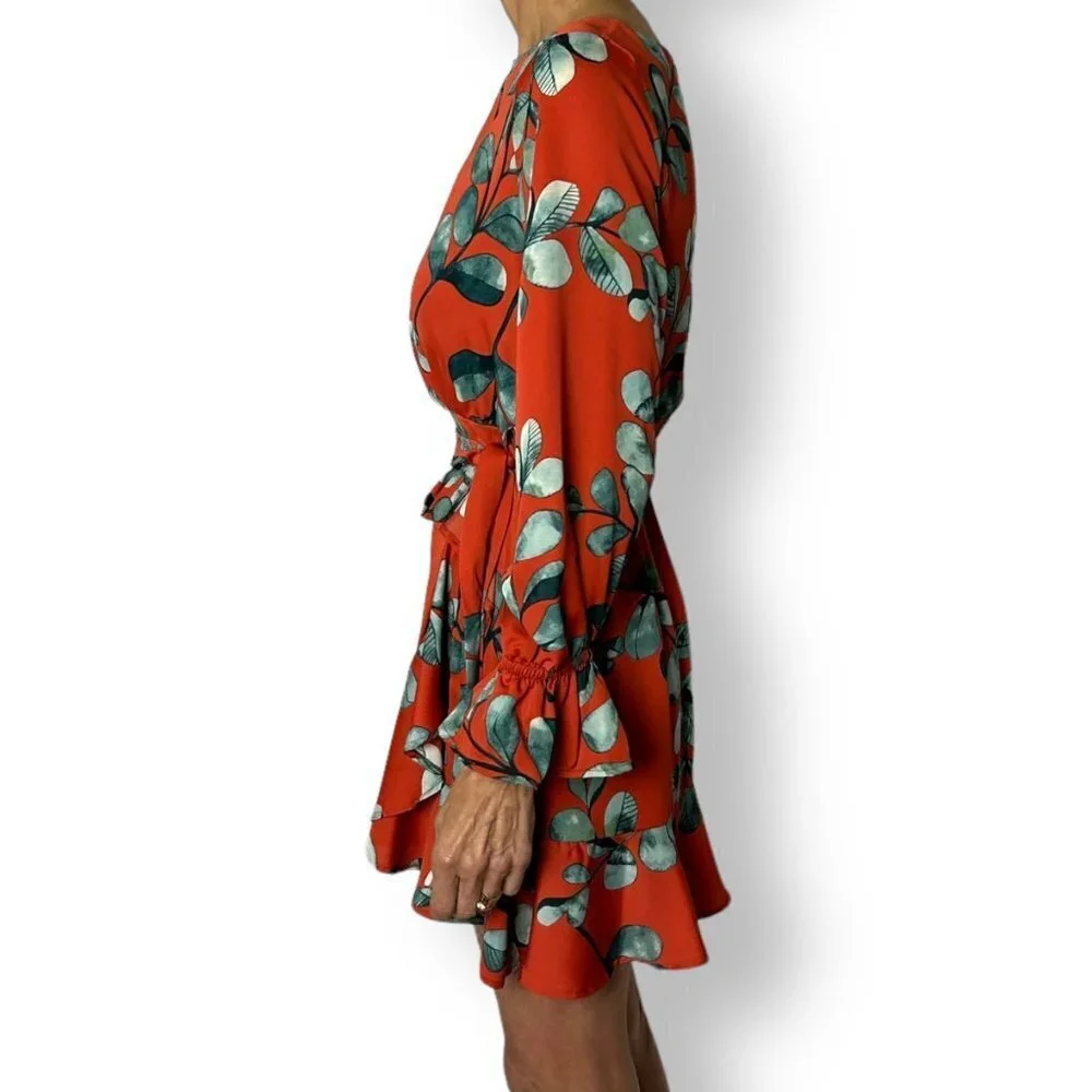 NWT Wade Voss Chili Pepper Long Sleeve Mini Dress Wrap Skirt Tie Size Small